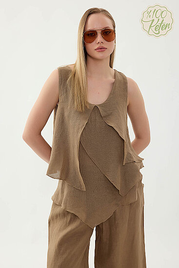 %100 Keten Sıfır Kol Dökümlü Bluz - 37