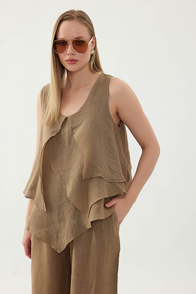 %100 Keten Sıfır Kol Dökümlü Bluz - 38