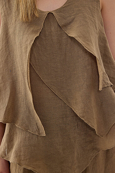 %100 Keten Sıfır Kol Dökümlü Bluz - 40