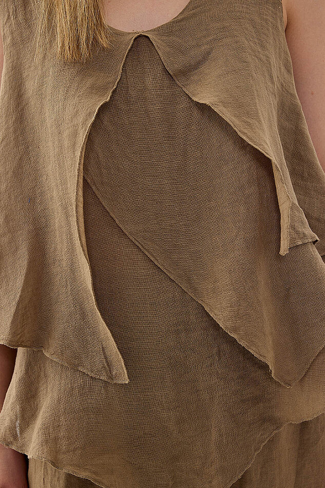 %100 Keten Sıfır Kol Dökümlü Bluz - 40