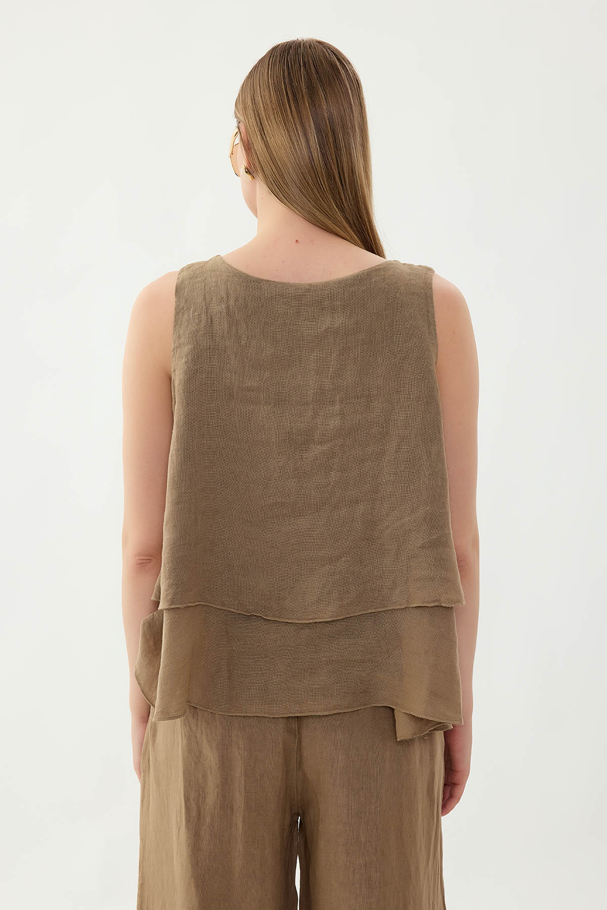 %100 Keten Sıfır Kol Dökümlü Bluz - Thumbnail