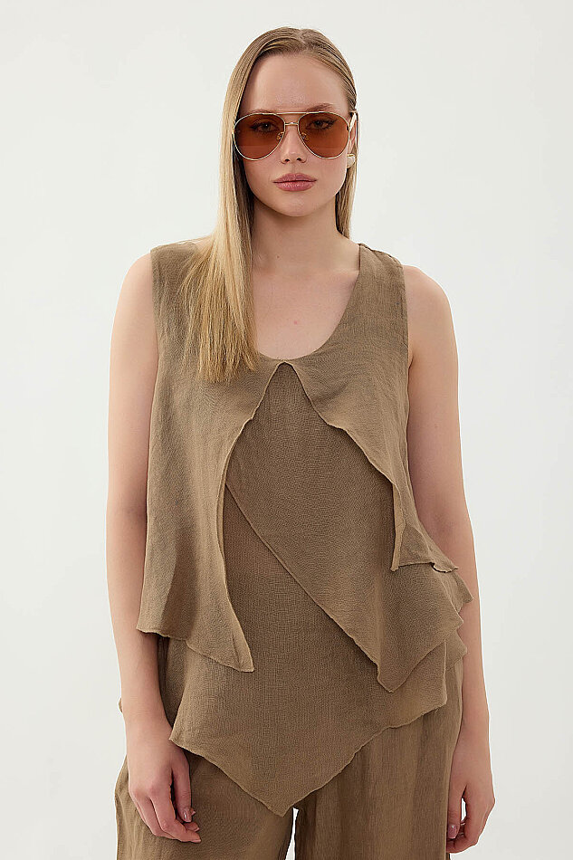 %100 Keten Sıfır Kol Dökümlü Bluz - 42