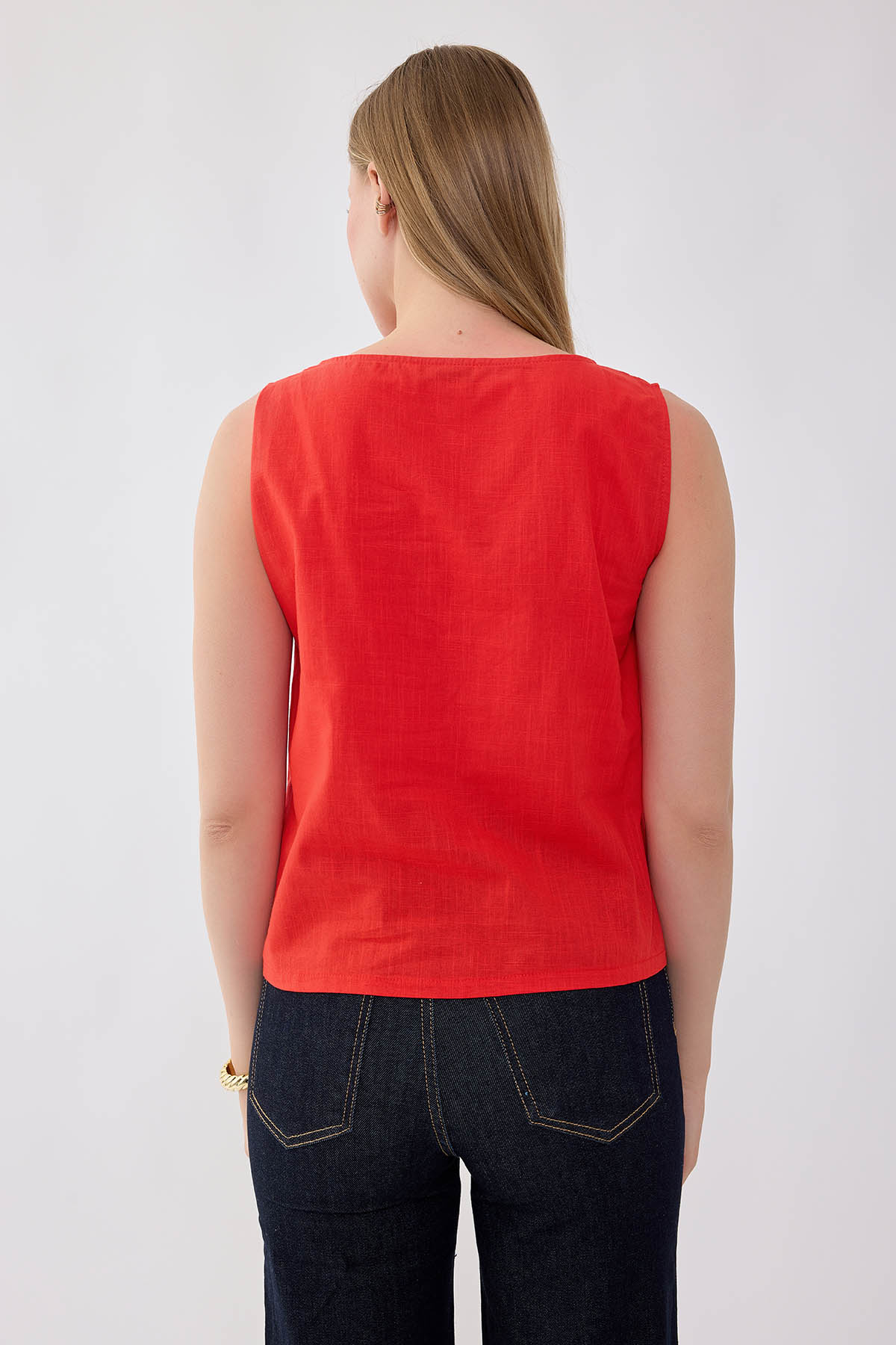 Sıfır Kol Düğmeli Keten Bluz - Thumbnail