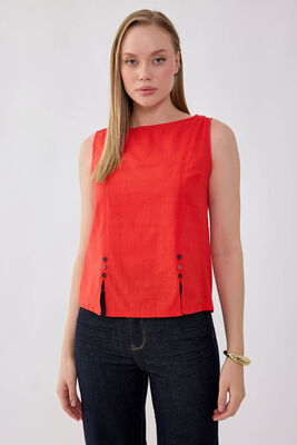 Sıfır Kol Düğmeli Keten Bluz