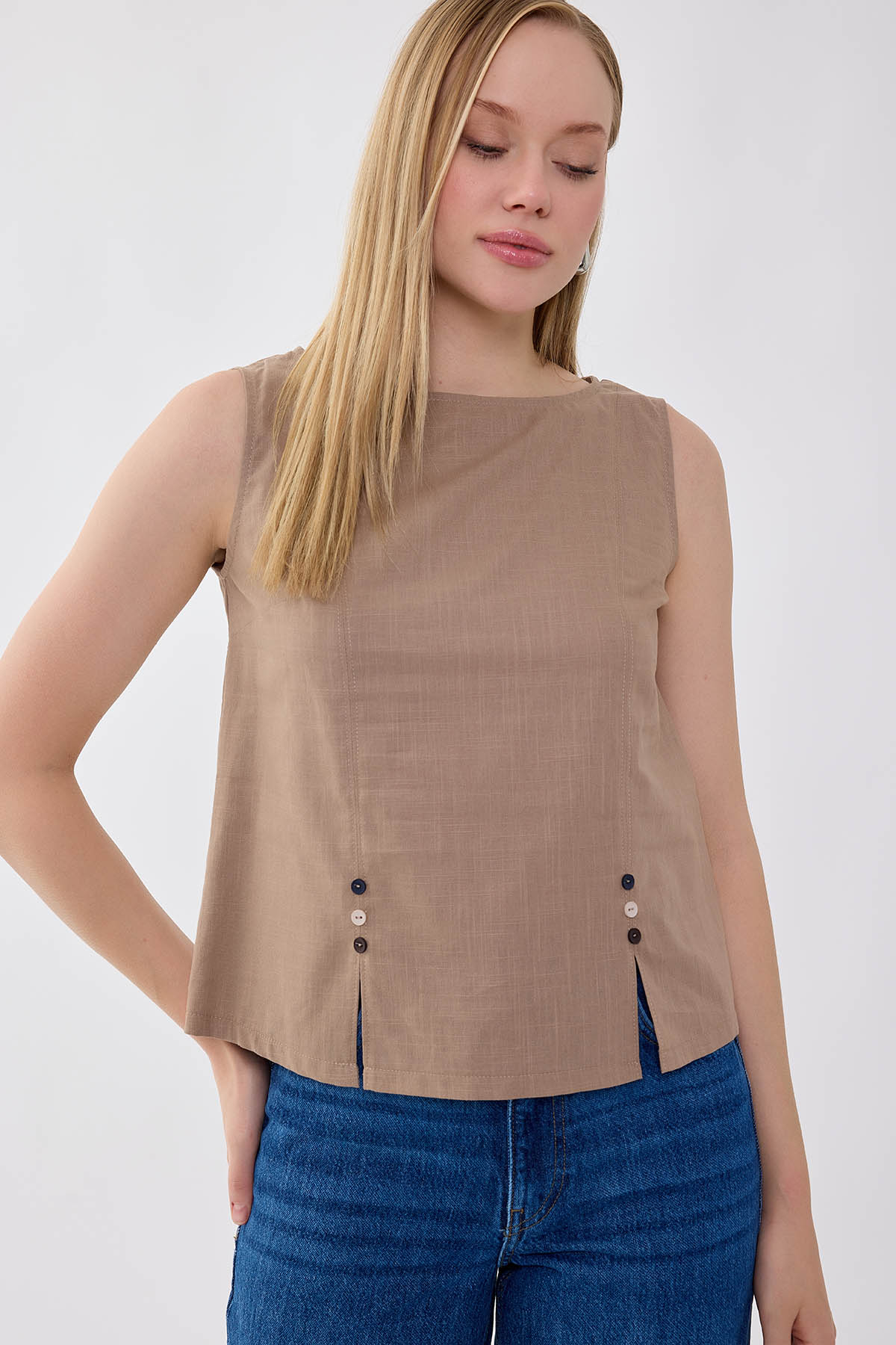 Sıfır Kol Düğmeli Keten Bluz - Thumbnail