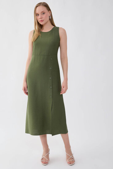 Sıfır Kol Etek Kısmı Düğmeli Elbise - 6