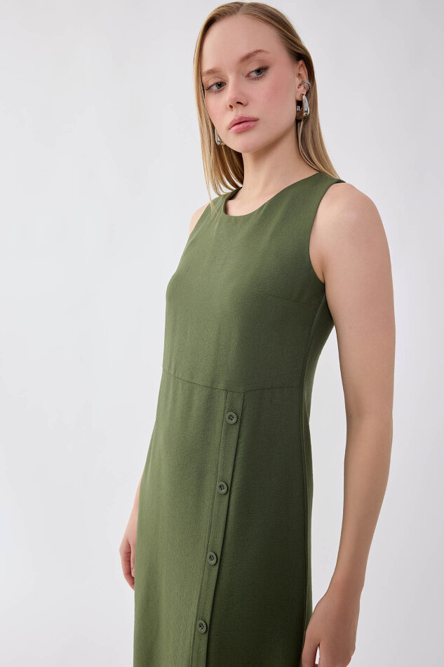 Sıfır Kol Etek Kısmı Düğmeli Elbise - 8