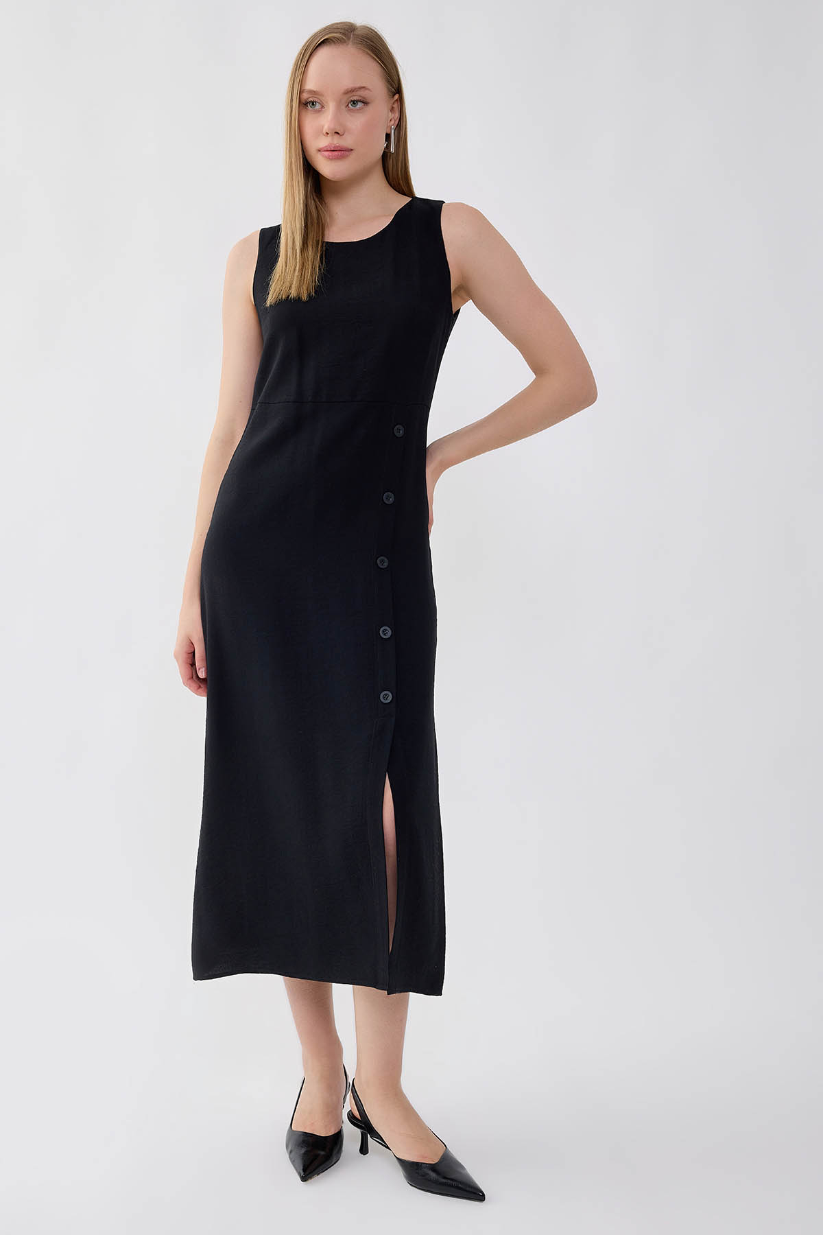 Sıfır Kol Etek Kısmı Düğmeli Elbise - Thumbnail