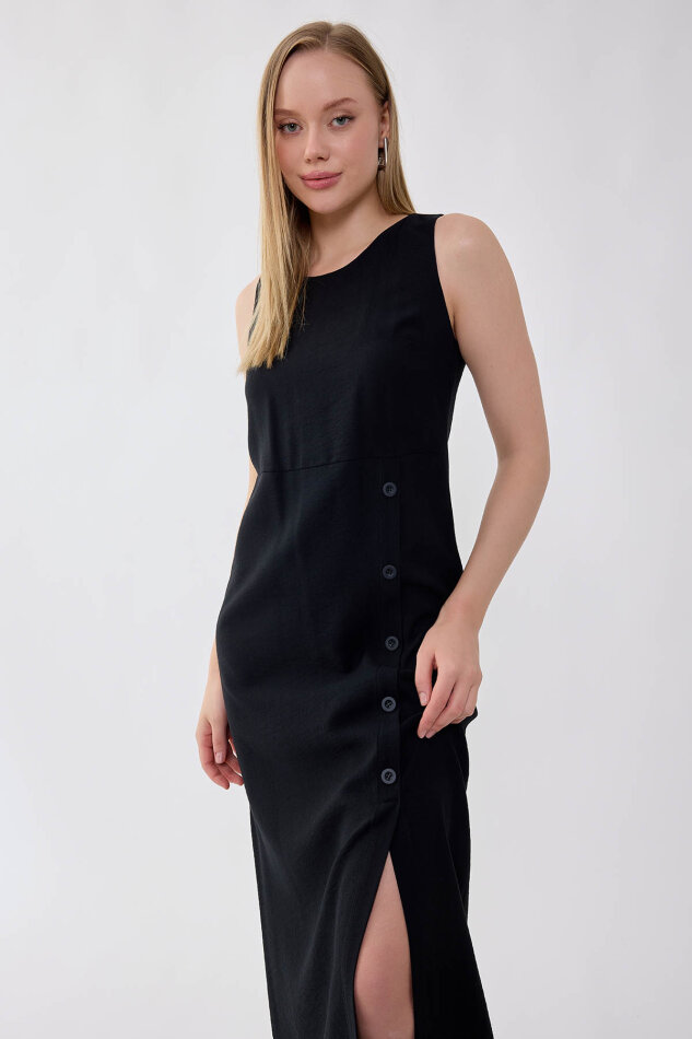 Sıfır Kol Etek Kısmı Düğmeli Elbise - 3