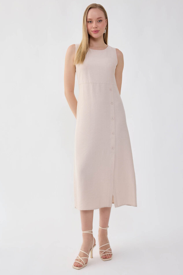 Sıfır Kol Etek Kısmı Düğmeli Elbise - 11