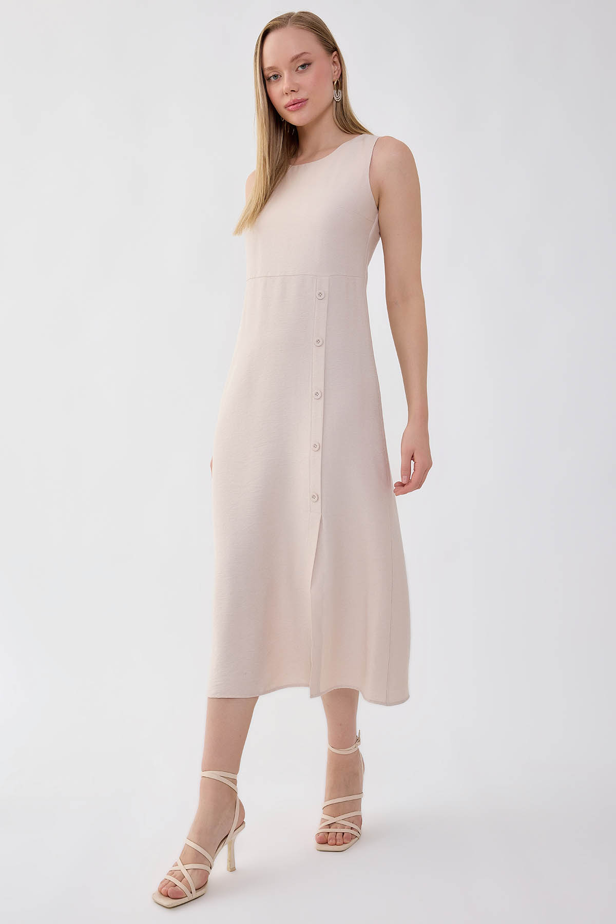 Sıfır Kol Etek Kısmı Düğmeli Elbise - Thumbnail