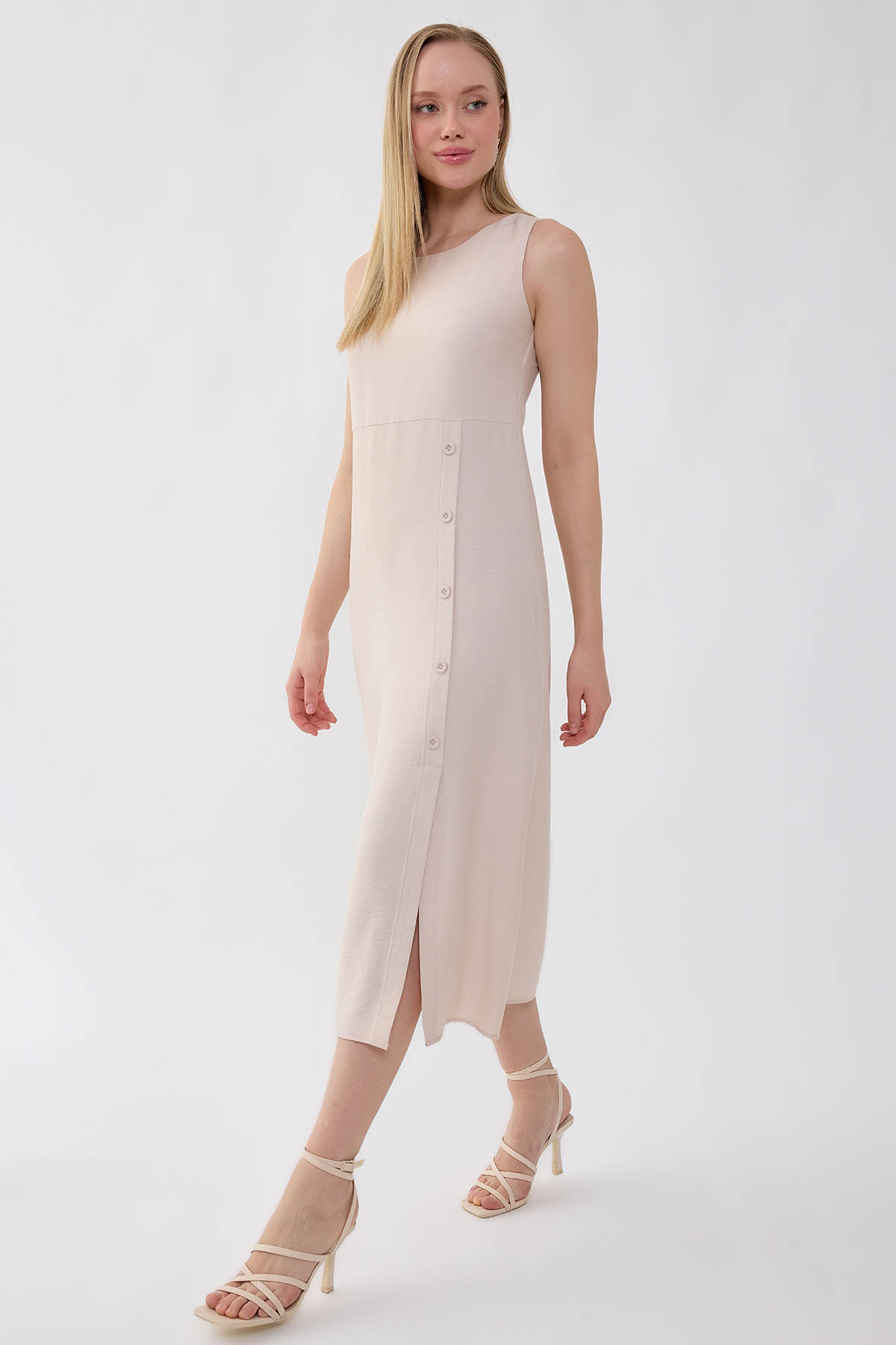 Sıfır Kol Etek Kısmı Düğmeli Elbise - Thumbnail