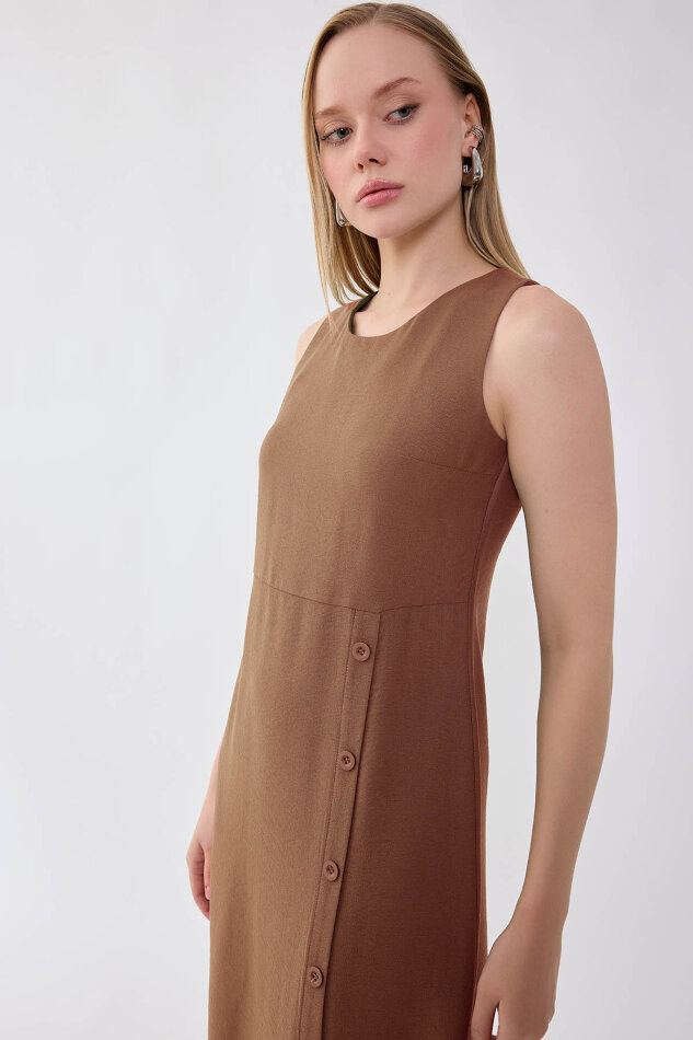 Sıfır Kol Etek Kısmı Düğmeli Elbise - 17