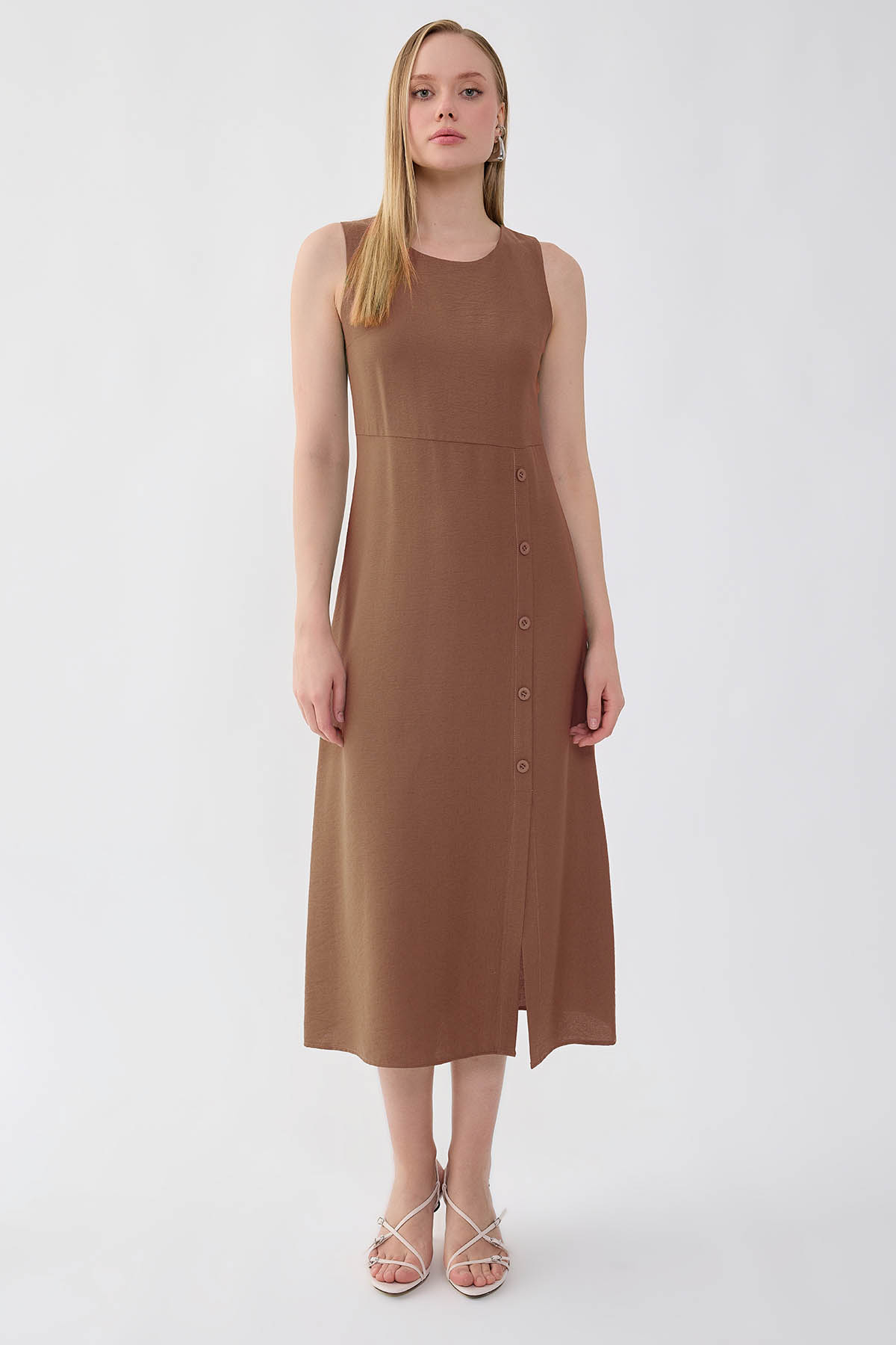 Sıfır Kol Etek Kısmı Düğmeli Elbise - Thumbnail