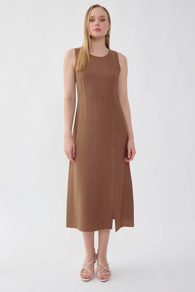 Sıfır Kol Etek Kısmı Düğmeli Elbise - 18