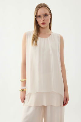 Sıfır Kol Etek Ucu Pullu İpek Bluz