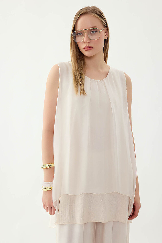 Sıfır Kol Etek Ucu Pullu İpek Bluz - 3