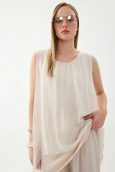 Sıfır Kol Etek Ucu Pullu İpek Bluz - 6