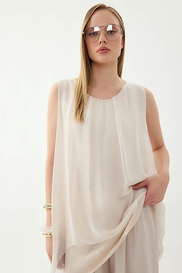 Sıfır Kol Etek Ucu Pullu İpek Bluz - 6