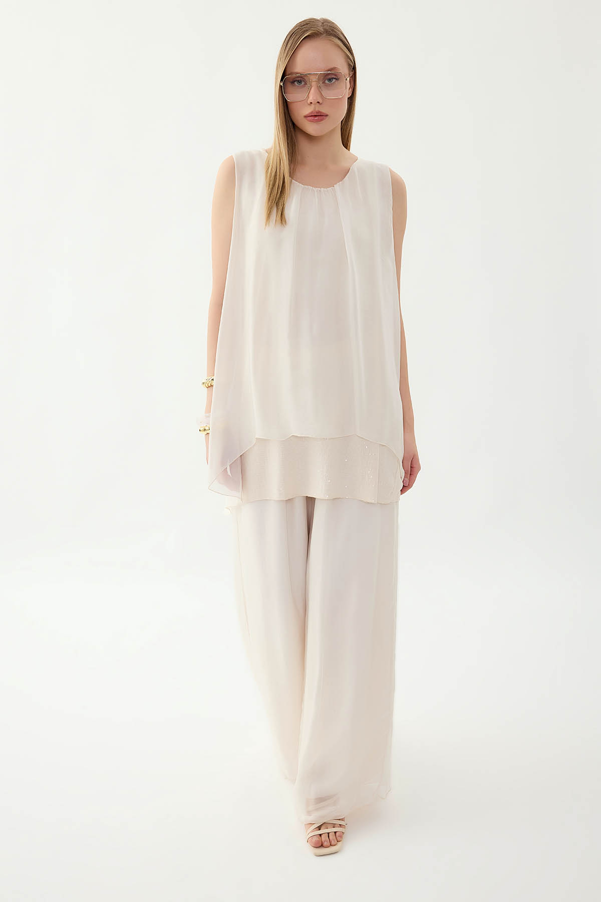 Sıfır Kol Etek Ucu Pullu İpek Bluz - Thumbnail