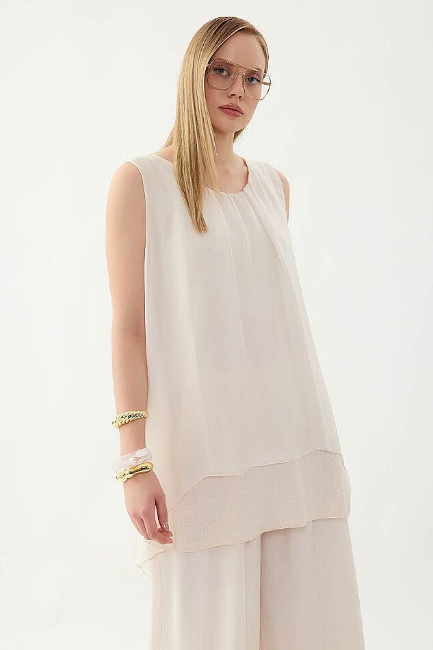 Sıfır Kol Etek Ucu Pullu İpek Bluz - 7