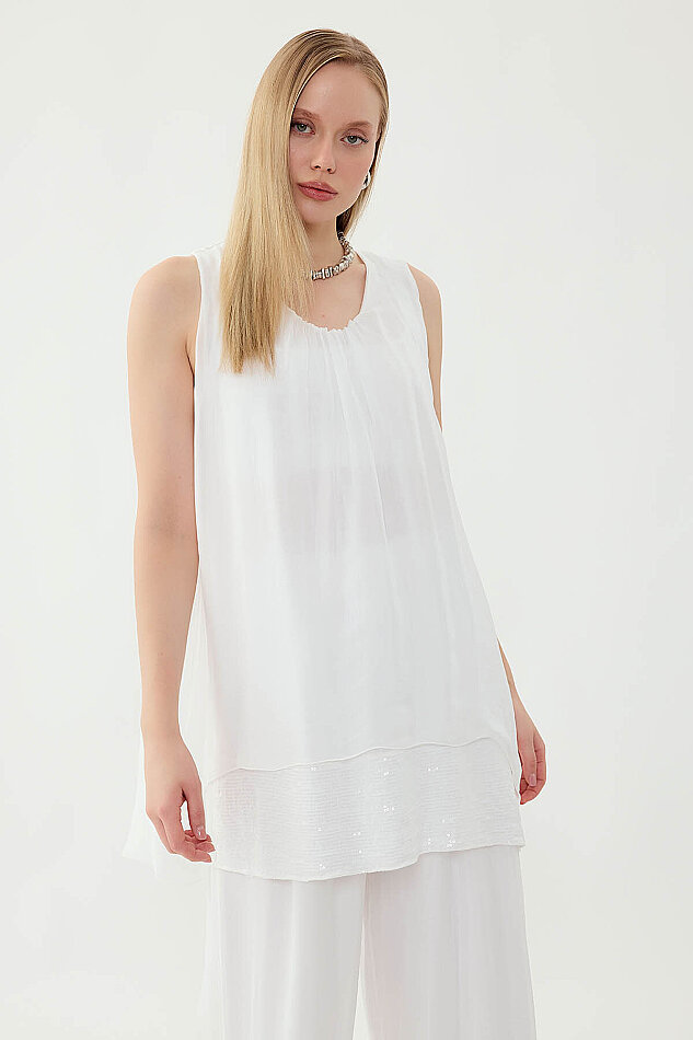 Sıfır Kol Etek Ucu Pullu İpek Bluz - 11