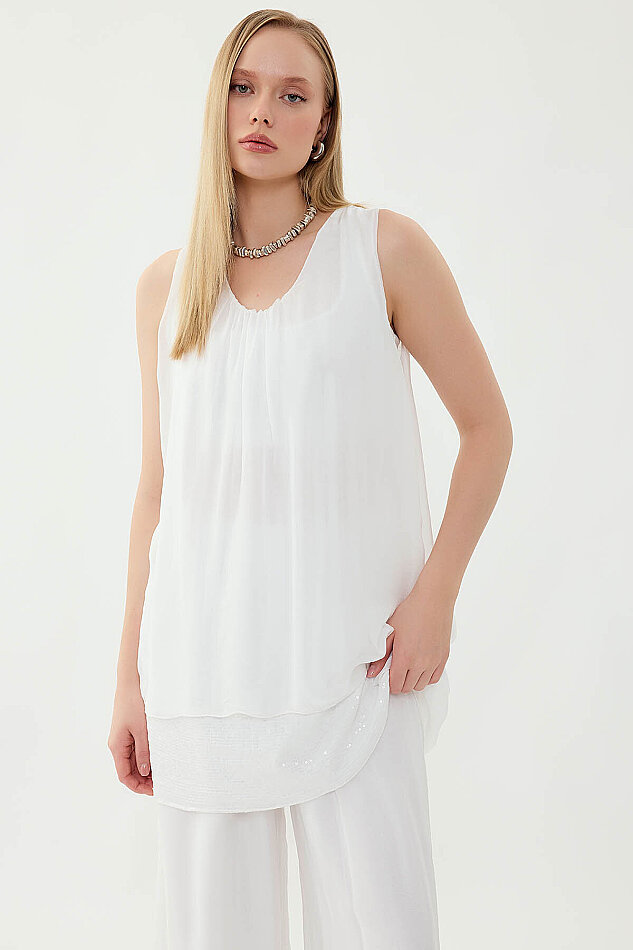 Sıfır Kol Etek Ucu Pullu İpek Bluz - 10