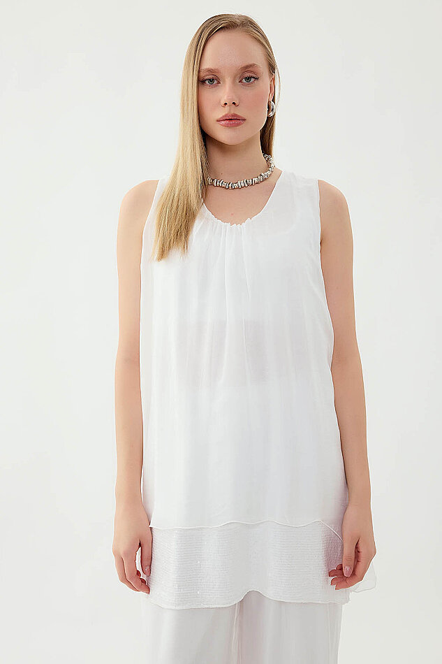 Sıfır Kol Etek Ucu Pullu İpek Bluz - 12