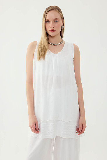 Sıfır Kol Etek Ucu Pullu İpek Bluz - 9