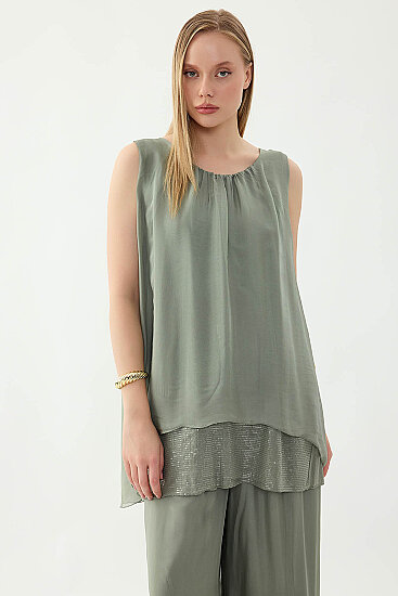 Sıfır Kol Etek Ucu Pullu İpek Bluz - 15