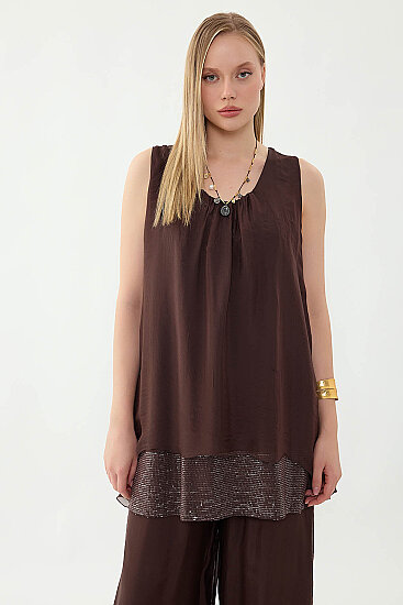 Sıfır Kol Etek Ucu Pullu İpek Bluz - 22