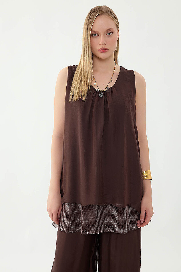 Sıfır Kol Etek Ucu Pullu İpek Bluz - 22