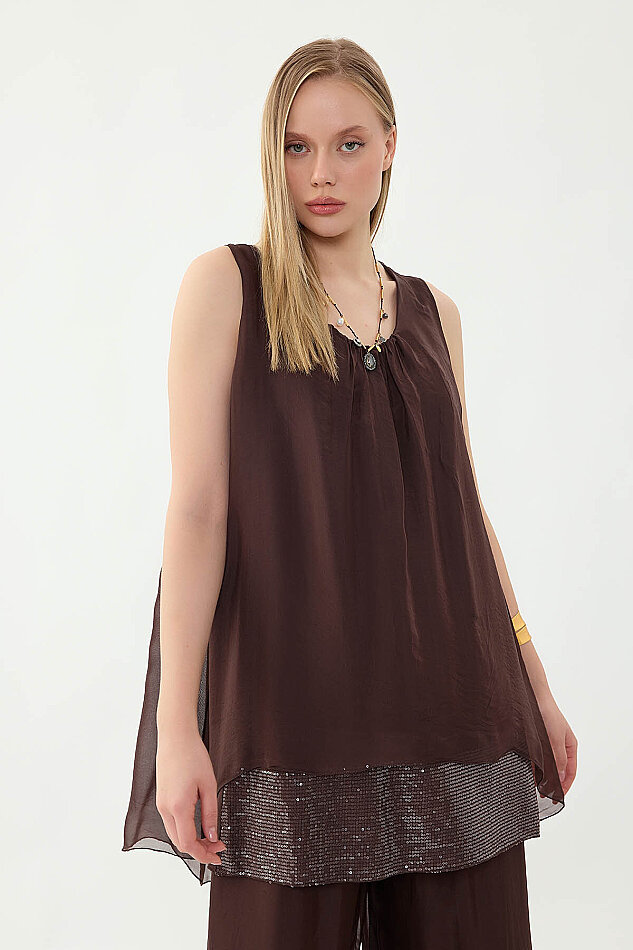 Sıfır Kol Etek Ucu Pullu İpek Bluz - 24