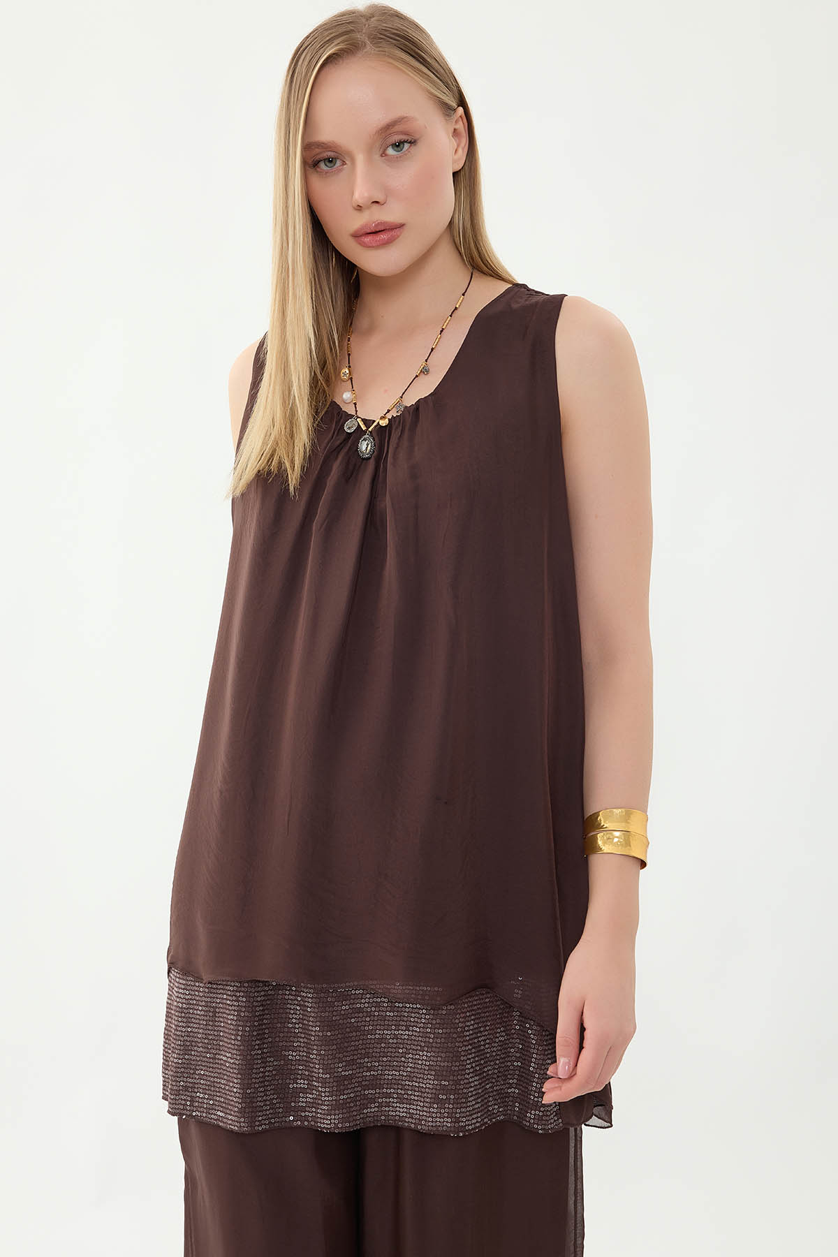 Sıfır Kol Etek Ucu Pullu İpek Bluz - Thumbnail