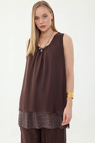 Sıfır Kol Etek Ucu Pullu İpek Bluz - 25