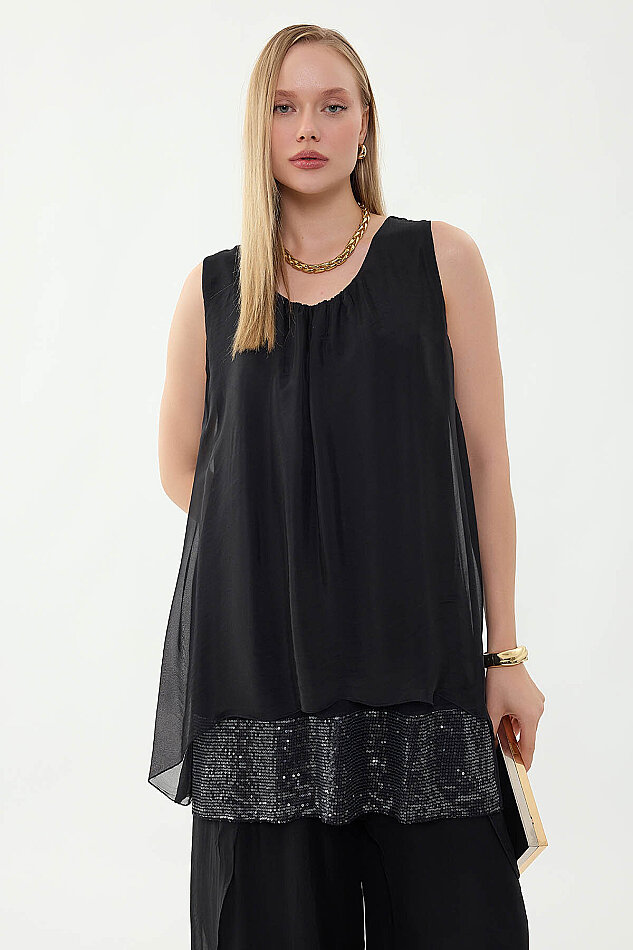 Sıfır Kol Etek Ucu Pullu İpek Bluz - 28