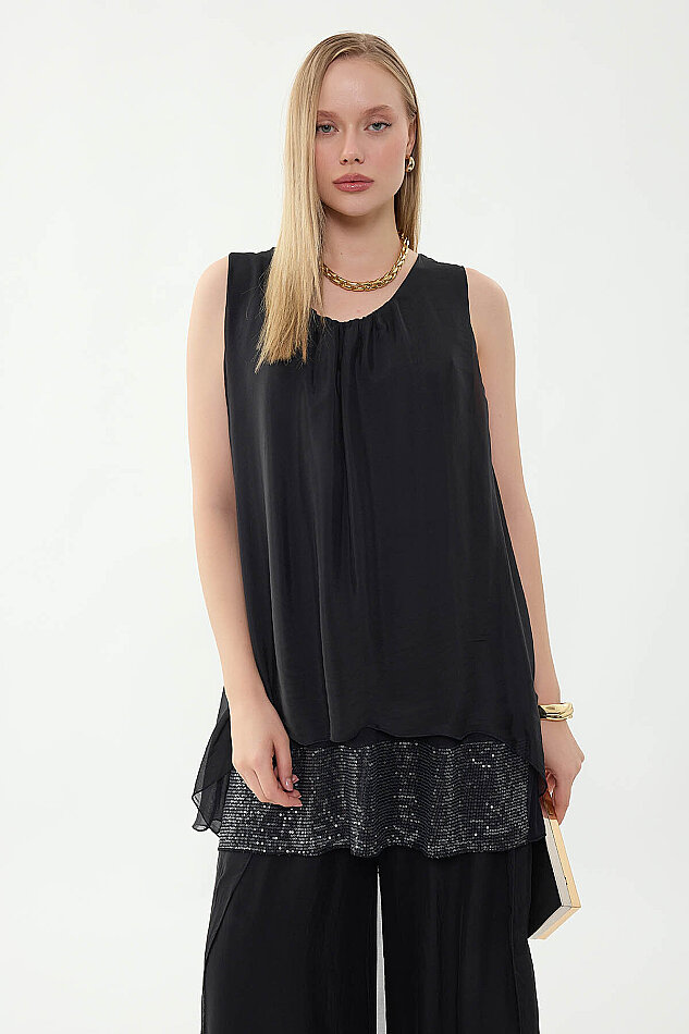 Sıfır Kol Etek Ucu Pullu İpek Bluz - 30