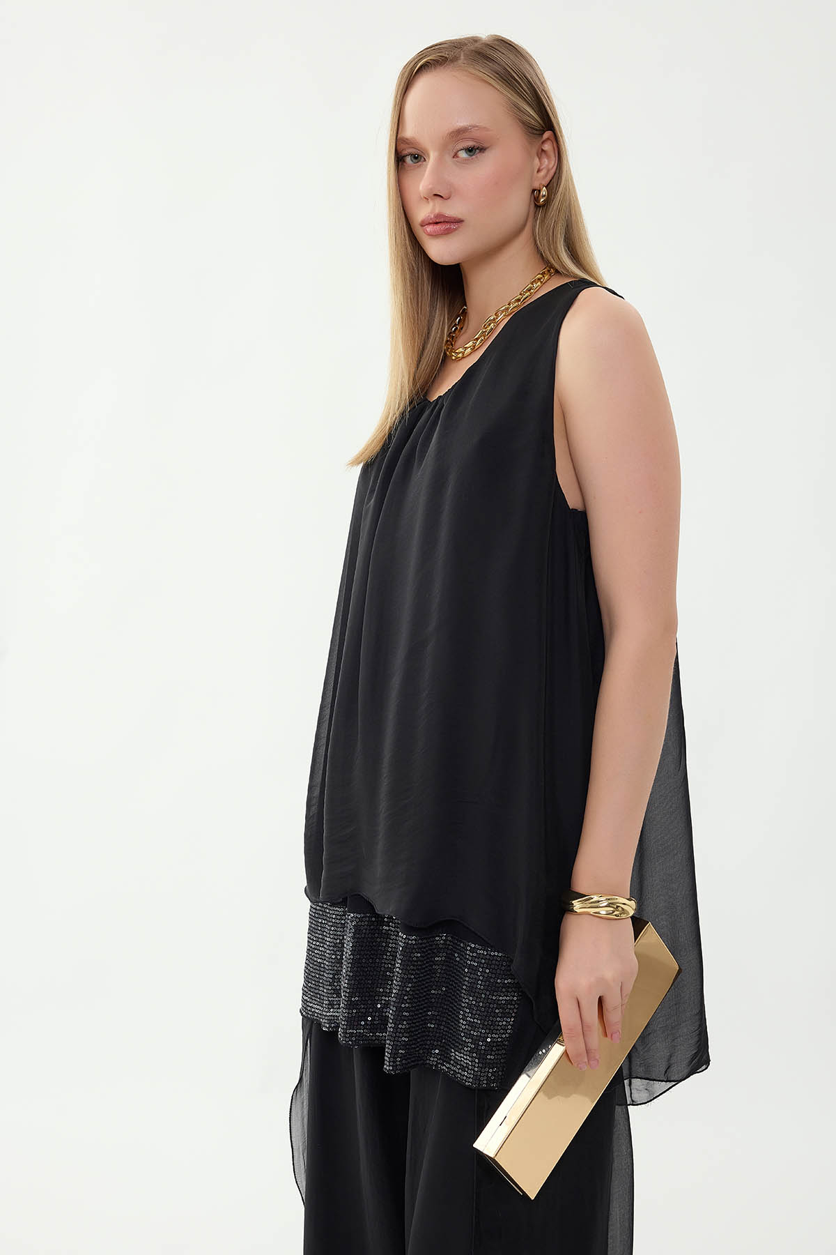 Sıfır Kol Etek Ucu Pullu İpek Bluz - Thumbnail