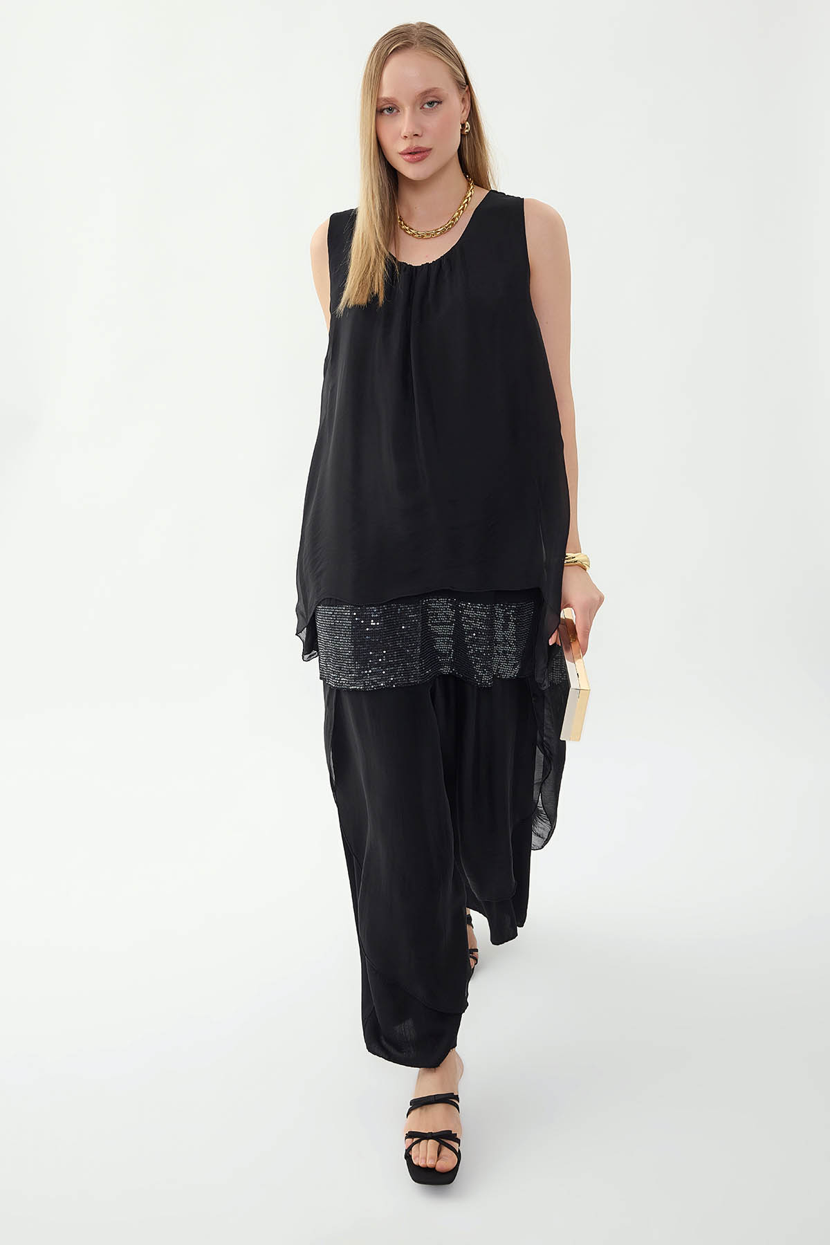 Sıfır Kol Etek Ucu Pullu İpek Bluz - Thumbnail