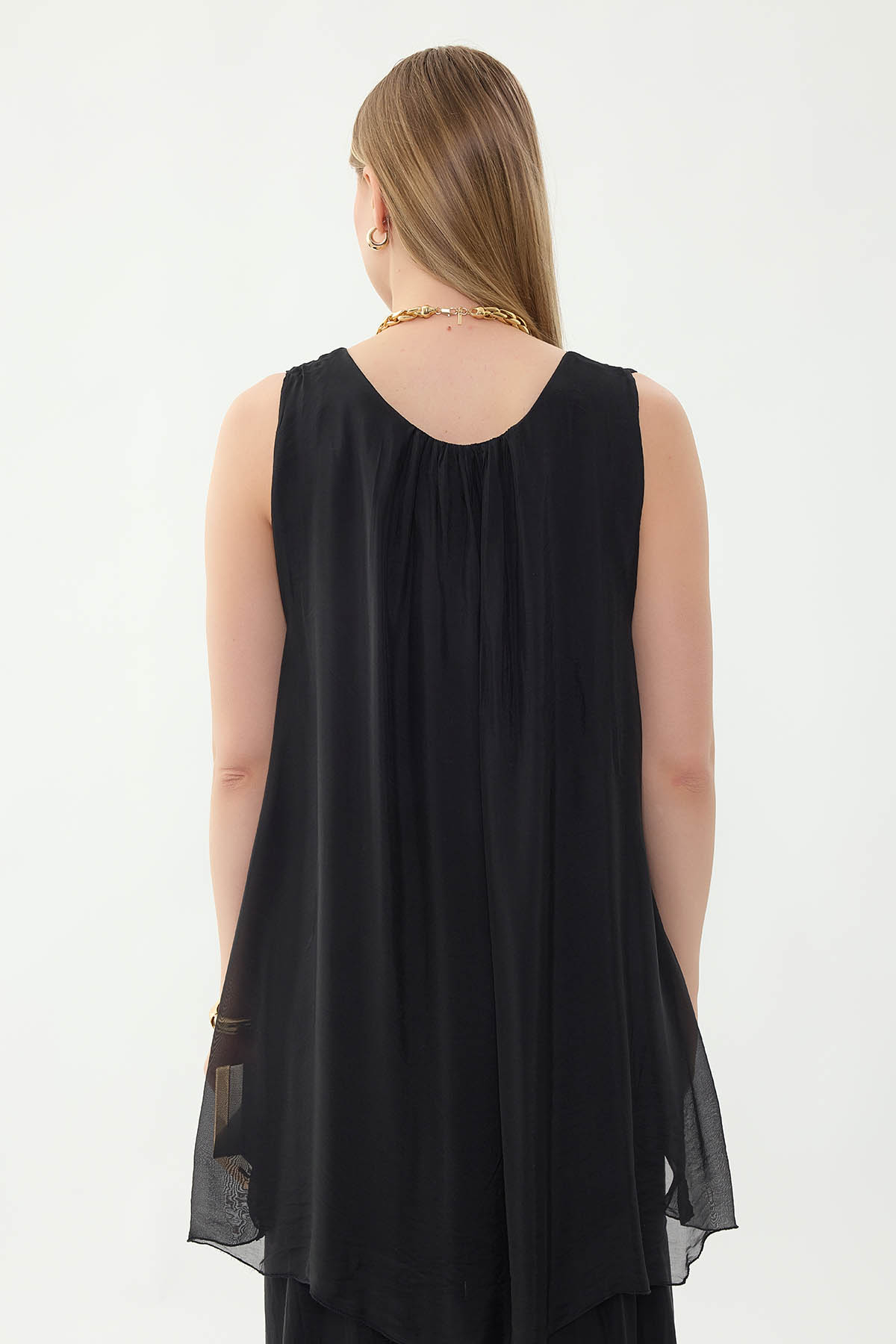 Sıfır Kol Etek Ucu Pullu İpek Bluz - Thumbnail