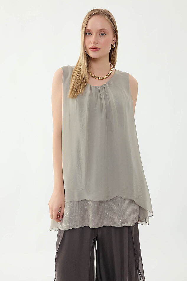 Sıfır Kol Etek Ucu Pullu İpek Bluz - 35