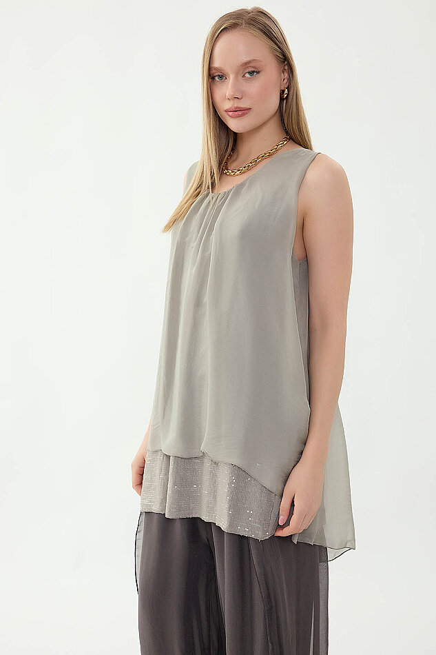 Sıfır Kol Etek Ucu Pullu İpek Bluz - 36