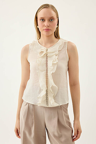 Sıfır Kol Fırfır Ve Güpür Detaylı Bluz - 5