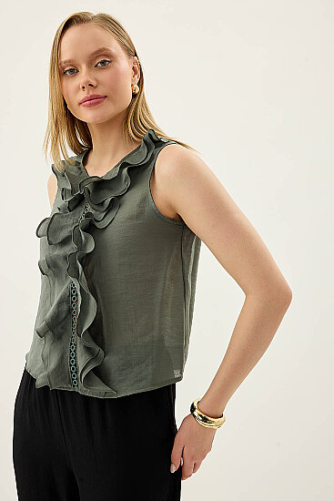 Sıfır Kol Fırfır Ve Güpür Detaylı Bluz - 6