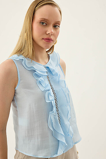 Sıfır Kol Fırfır Ve Güpür Detaylı Bluz - 11