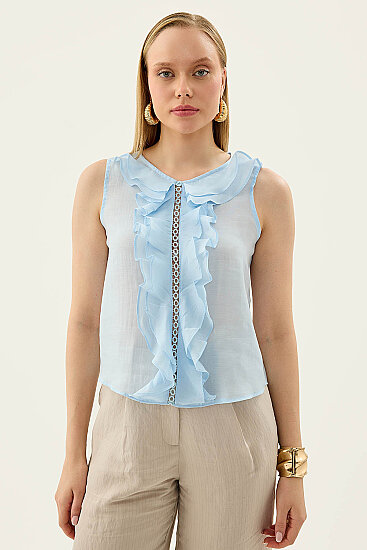 Sıfır Kol Fırfır Ve Güpür Detaylı Bluz - 9