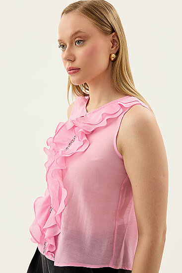 Sıfır Kol Fırfır Ve Güpür Detaylı Bluz - 19