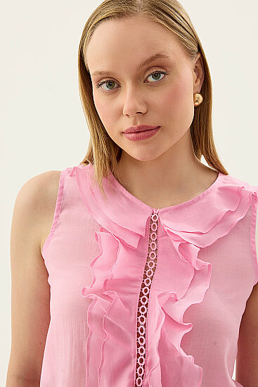 Sıfır Kol Fırfır Ve Güpür Detaylı Bluz - 20