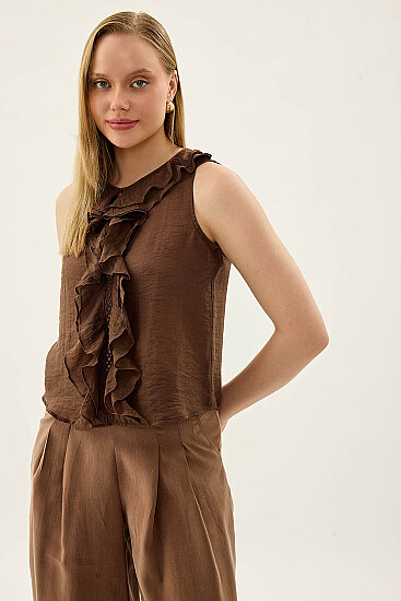 Sıfır Kol Fırfır Ve Güpür Detaylı Bluz - 24