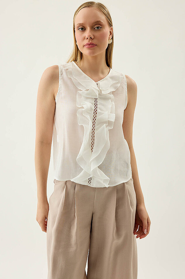 Sıfır Kol Fırfır Ve Güpür Detaylı Bluz - 27